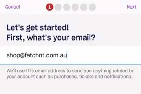 Email input screen for account setup.