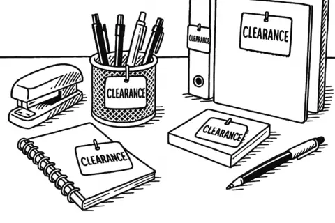 Stationery items labeled as clearance sale.