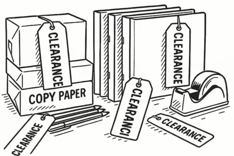 Stationery items with clearance sale tags