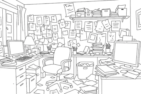 Messy office cluttered with papers and equipment.