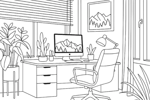 Home office with plants and mountain artwork.