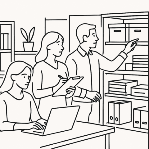 Three colleagues collaborating in an office setting.