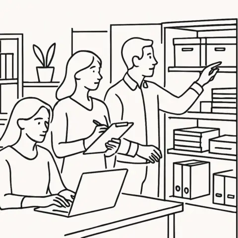 Three colleagues collaborating in an office setting.