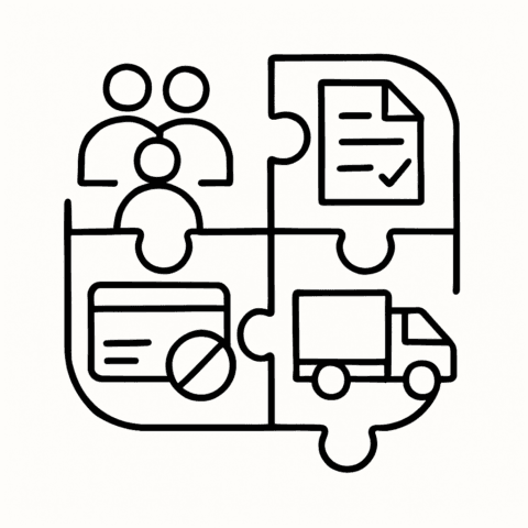 Illustration of teamwork, documents, payment, and delivery.