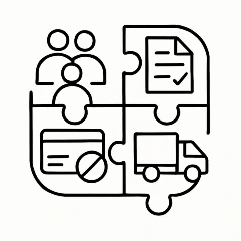Illustration of teamwork, documents, payment, and delivery.