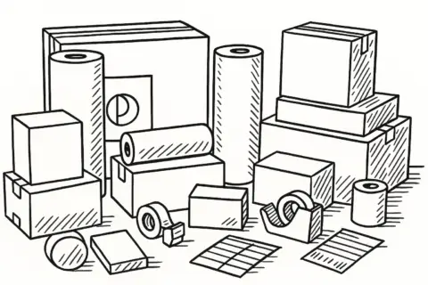 Various boxes and packing materials in a pile.