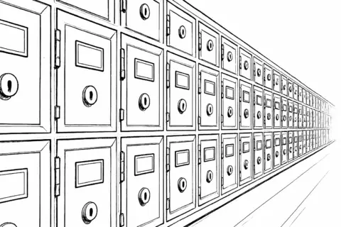 Row of secure lockers in a hallway.