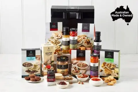Australian gourmet food hamper with assorted snacks