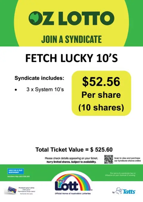 Oz Lotto syndicate poster with share price details