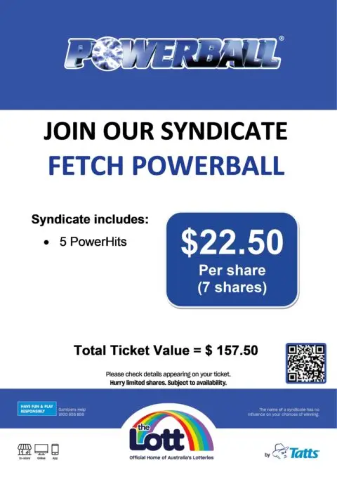 Powerball syndicate poster with pricing details