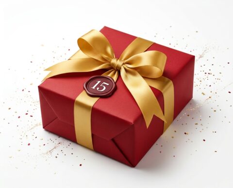 Red gift box with gold ribbon and seal
