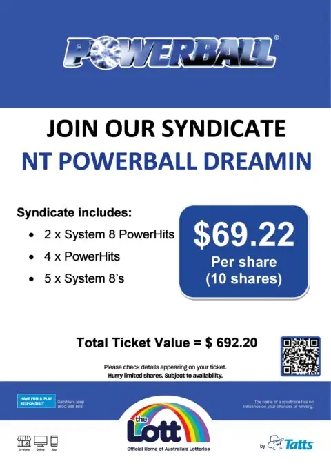 Powerball syndicate poster with pricing and inclusions