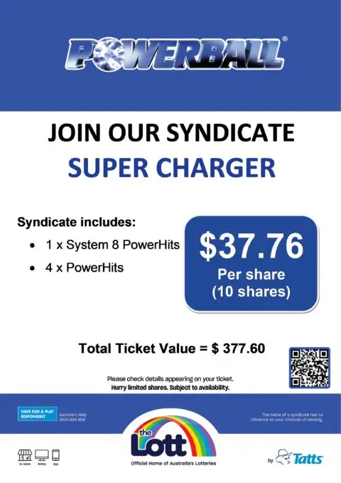 Powerball Super Charger syndicate lottery promotion poster