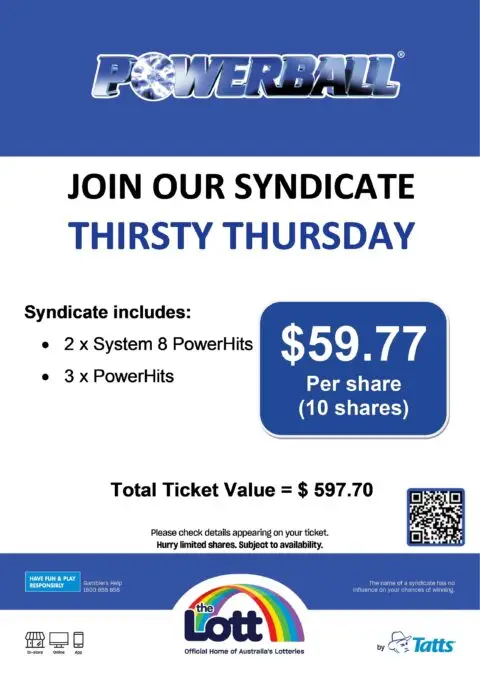 Powerball Thirsty Thursday syndicate promotion poster