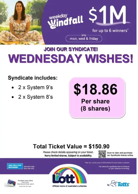 Wednesday Wishes lottery syndicate promotion poster