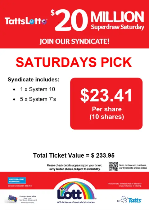 TattsLotto $20 million Superdraw Saturday syndicate offer