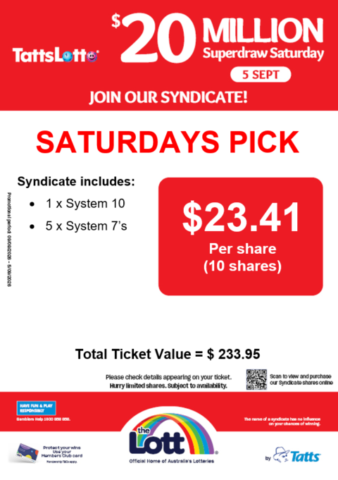 TattooLotto Saturday syndicate advertisement for $20 million Superdraw