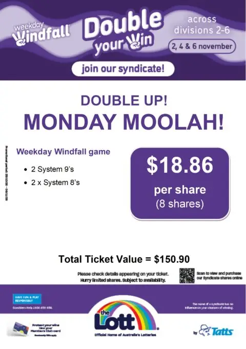 Weekday Windfall Monday Moolah lottery syndicate promotion