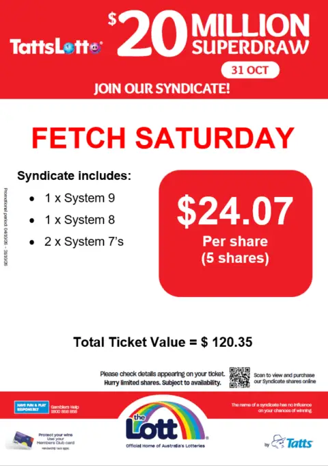 TattsLotto $20 million Superdraw Fetch Saturday syndicate advertisement