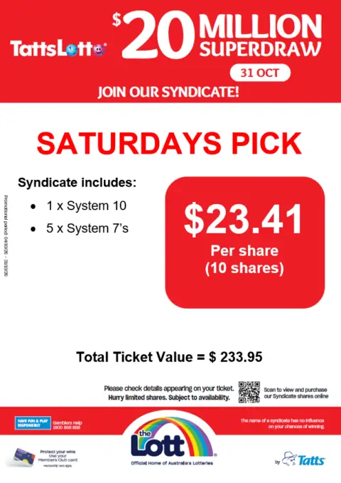 TattsLotto Saturdays Pick syndicate advertisement for $20 million Superdraw