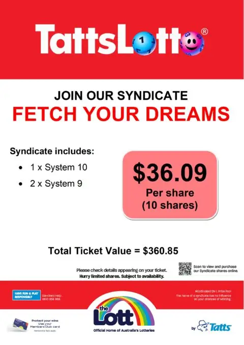 TatttsLotto Fetch Your Dreams syndicate ticket advertisement