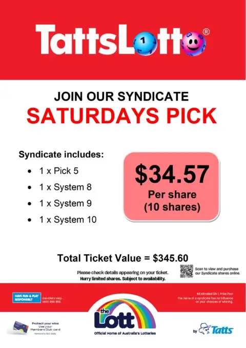 TattsLotto Saturdays Pick syndicate advertisement with $34.57 shares