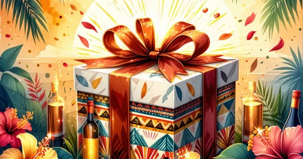Colourful gift box surrounded by tropical flowers and sunset.