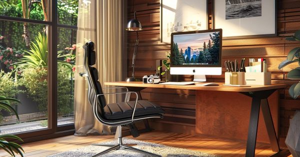 Stylish home office with greenery and a computer.