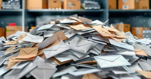 Large pile of assorted envelopes in storage.