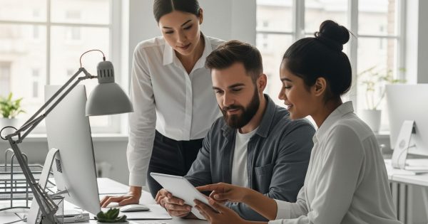 Three colleagues collaborate in a modern office.