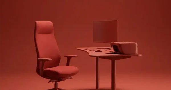 Monochrome red office desk and chair setup