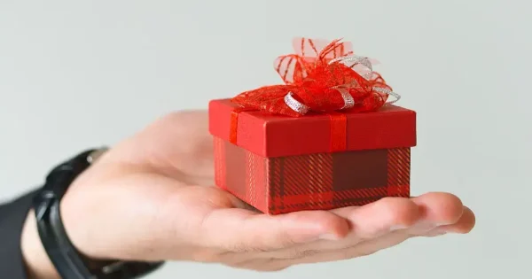 Hand holding small red gift box