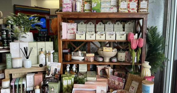 Gift shop display with candles, soaps and beauty products