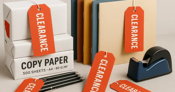 Stationery items with clearance tags on display.