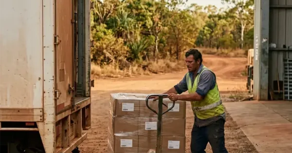 Worker unloading pallet from truck in rural area