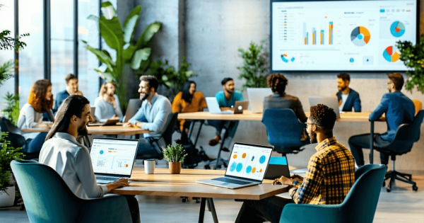 Modern office with collaborative meetings and data analysis.
